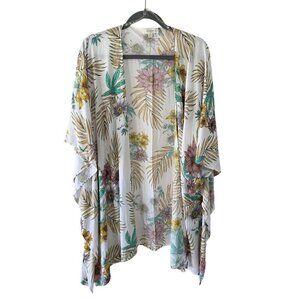Umgee Full Size Sheer Mixed Floral Print Kimono with Side Slit Size XL/XXL